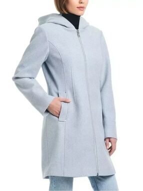 VINCE Womens Light Gray/Blue Hooded Zip-Front Trench Coat